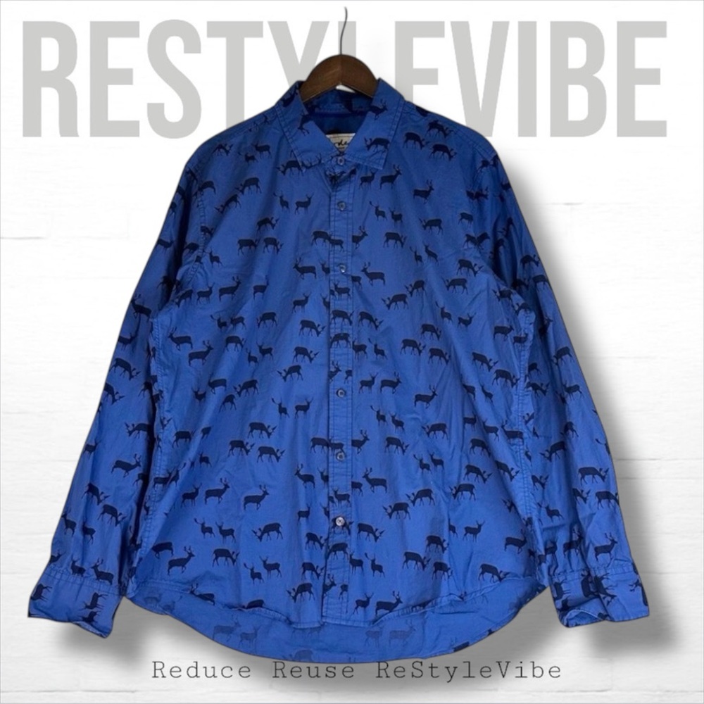 BODEN Men’s Size XL Shirt Button Down Long Sleeve Deer Pattern Print Blue